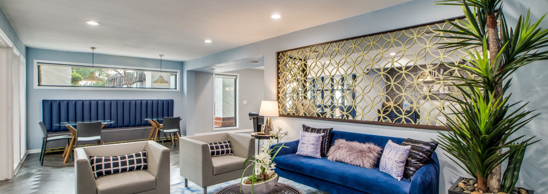 a living room with blue couches and a blue rug at The Swifty Skills Session