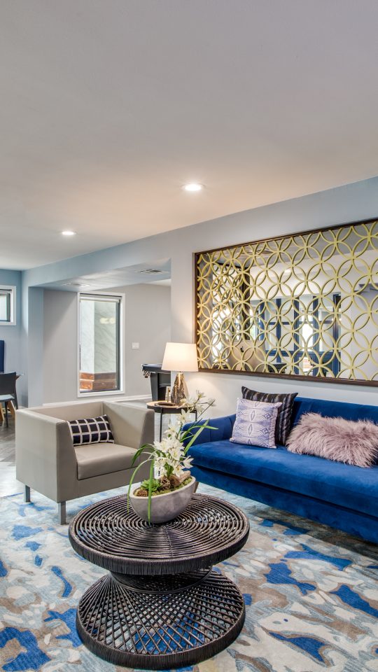 a living room with blue couches and a blue rug at The Swifty Skills Session