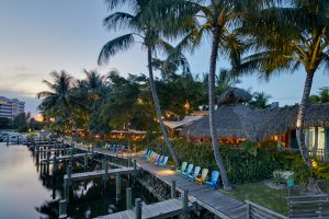 a dock with palm trees and chairs at dusk at The Swifty Skills Session